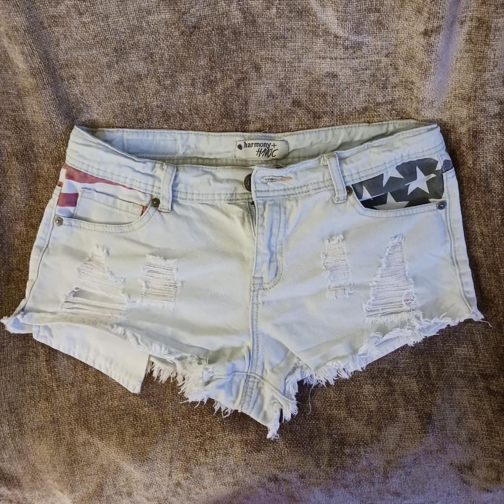Harmony + Havoc Denim Shorts Stars and Stripes American Flag Junior 9 Distressed
